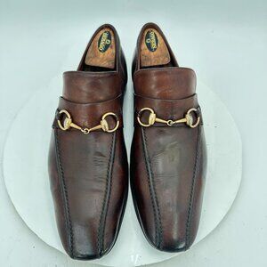 Gucci Men Size 10 Brown Leather Gold Horsebit Bicycle Toe Loafer Dress Shoes